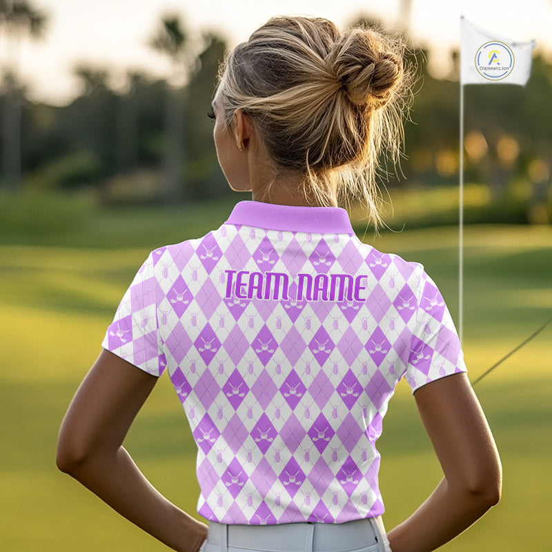 Womens Golf Polo Shirt Custom White And Purple Argyle Plaid Pattern Golf Team Attire Golf Gifts NYN4295