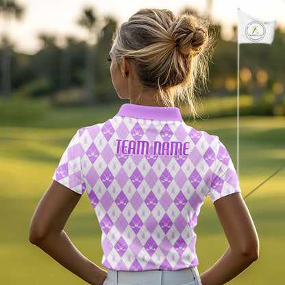 Womens Golf Polo Shirt Custom White And Purple Argyle Plaid Pattern Golf Team Attire Golf Gifts NYN4295