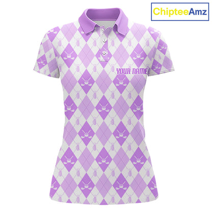 Womens Golf Polo Shirt Custom White And Purple Argyle Plaid Pattern Golf Team Attire Golf Gifts NYN4295