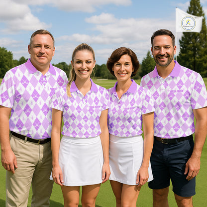 Mens Golf Polo Shirt Custom White And Purple Argyle Plaid Pattern Golf Team Attire Golf Gifts NYN4295