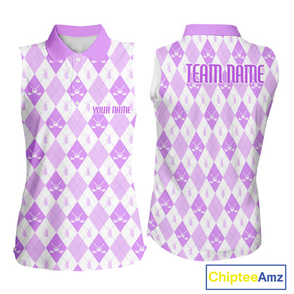 Womens Golf Sleeveless Polo Shirt Custom White And Purple Argyle Plaid Pattern Golf Team Attire Golf Gifts NYN4295