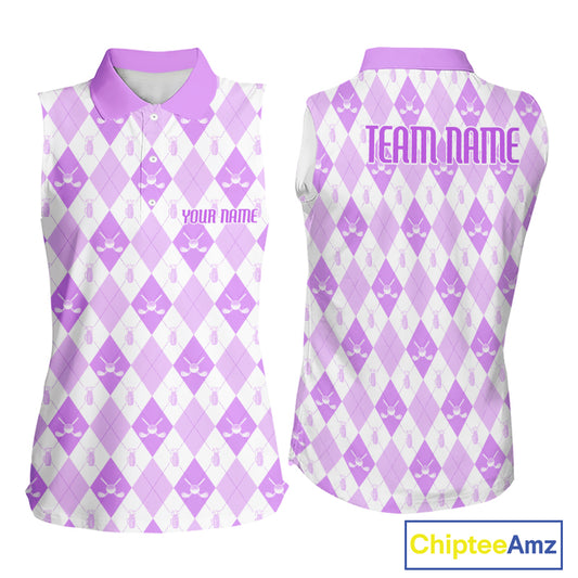 Womens Golf Sleeveless Polo Shirt Custom White And Purple Argyle Plaid Pattern Golf Team Attire Golf Gifts NYN4295