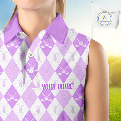 Womens Golf Sleeveless Polo Shirt Custom White And Purple Argyle Plaid Pattern Golf Team Attire Golf Gifts NYN4295