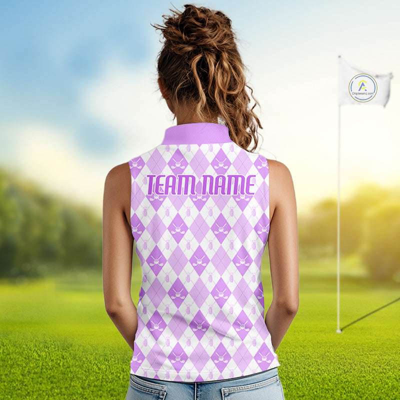 Womens Golf Sleeveless Polo Shirt Custom White And Purple Argyle Plaid Pattern Golf Team Attire Golf Gifts NYN4295
