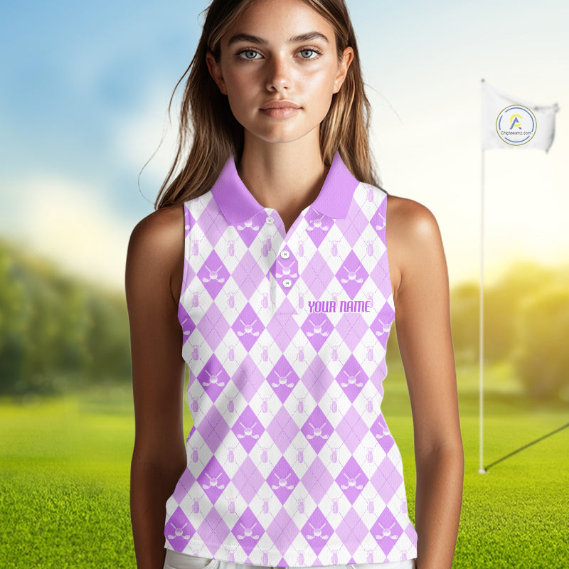 Womens Golf Sleeveless Polo Shirt Custom White And Purple Argyle Plaid Pattern Golf Team Attire Golf Gifts NYN4295