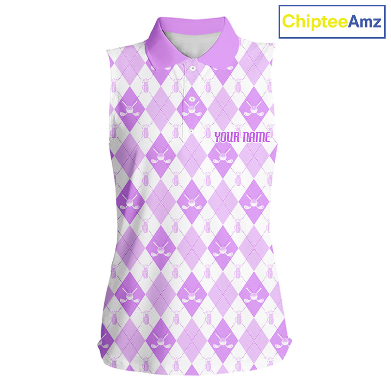 Womens Golf Sleeveless Polo Shirt Custom White And Purple Argyle Plaid Pattern Golf Team Attire Golf Gifts NYN4295