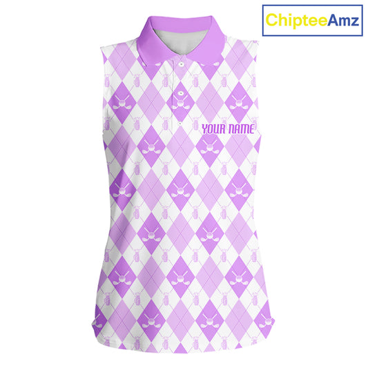 Womens Golf Sleeveless Polo Shirt Custom White And Purple Argyle Plaid Pattern Golf Team Attire Golf Gifts NYN4295