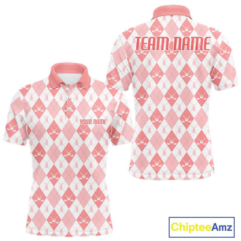 Mens Golf Polo Shirt Custom White And Orange Argyle Plaid Pattern Golf Team Attire Golf Gifts NYN4296
