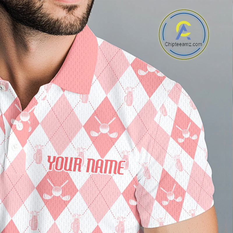 Mens Golf Polo Shirt Custom White And Orange Argyle Plaid Pattern Golf Team Attire Golf Gifts NYN4296