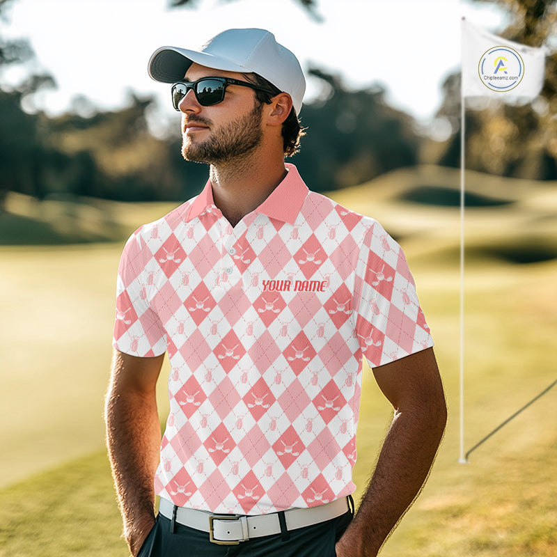 Mens Golf Polo Shirt Custom White And Orange Argyle Plaid Pattern Golf Team Attire Golf Gifts NYN4296