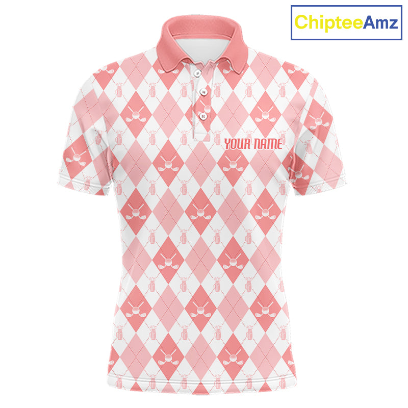 Mens Golf Polo Shirt Custom White And Orange Argyle Plaid Pattern Golf Team Attire Golf Gifts NYN4296