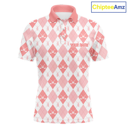 Mens Golf Polo Shirt Custom White And Orange Argyle Plaid Pattern Golf Team Attire Golf Gifts NYN4296