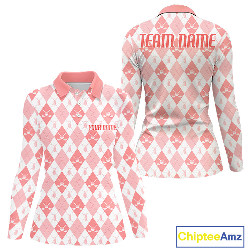 Womens Golf Polo Shirt Custom White And Orange Argyle Plaid Pattern Golf Team Attire Golf Gifts NYN4296