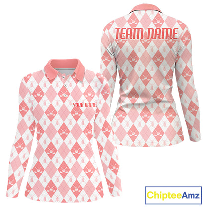 Womens Golf Polo Shirt Custom White And Orange Argyle Plaid Pattern Golf Team Attire Golf Gifts NYN4296