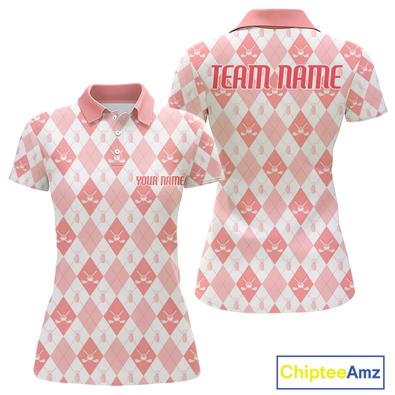Womens Golf Polo Shirt Custom White And Orange Argyle Plaid Pattern Golf Team Attire Golf Gifts NYN4296
