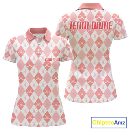 Womens Golf Polo Shirt Custom White And Orange Argyle Plaid Pattern Golf Team Attire Golf Gifts NYN4296