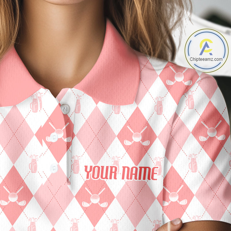 Womens Golf Polo Shirt Custom White And Orange Argyle Plaid Pattern Golf Team Attire Golf Gifts NYN4296