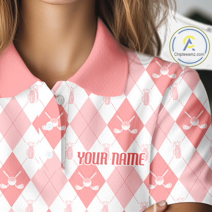 Womens Golf Polo Shirt Custom White And Orange Argyle Plaid Pattern Golf Team Attire Golf Gifts NYN4296
