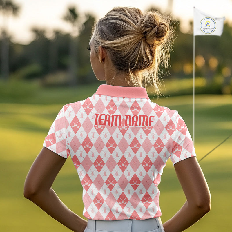 Womens Golf Polo Shirt Custom White And Orange Argyle Plaid Pattern Golf Team Attire Golf Gifts NYN4296