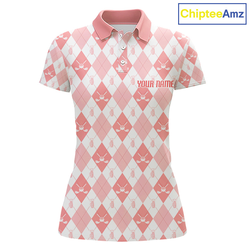 Womens Golf Polo Shirt Custom White And Orange Argyle Plaid Pattern Golf Team Attire Golf Gifts NYN4296