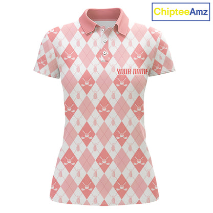 Womens Golf Polo Shirt Custom White And Orange Argyle Plaid Pattern Golf Team Attire Golf Gifts NYN4296