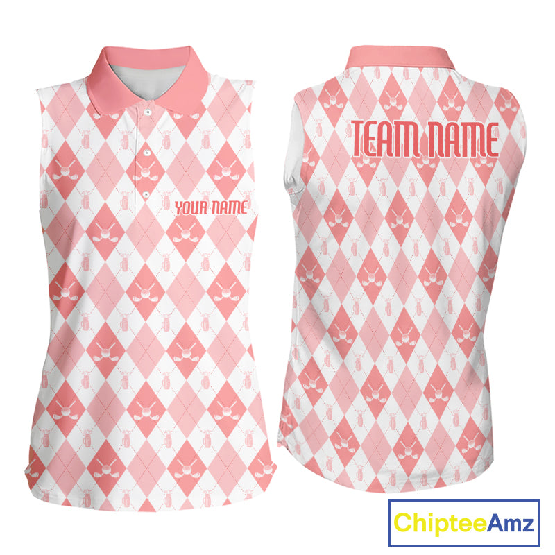 Womens Golf Sleeveless Polo Shirt Custom White And Orange Argyle Plaid Pattern Golf Team Attire Golf Gifts NYN4296