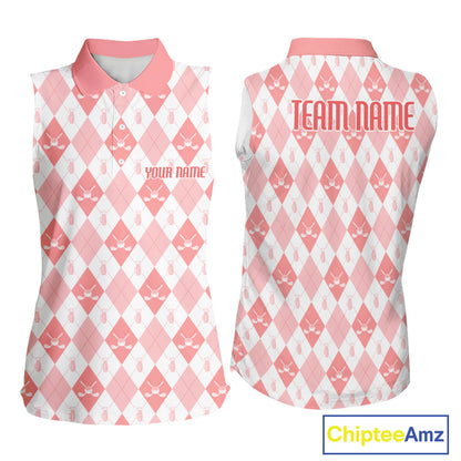 Womens Golf Sleeveless Polo Shirt Custom White And Orange Argyle Plaid Pattern Golf Team Attire Golf Gifts NYN4296
