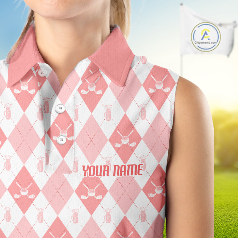 Womens Golf Sleeveless Polo Shirt Custom White And Orange Argyle Plaid Pattern Golf Team Attire Golf Gifts NYN4296