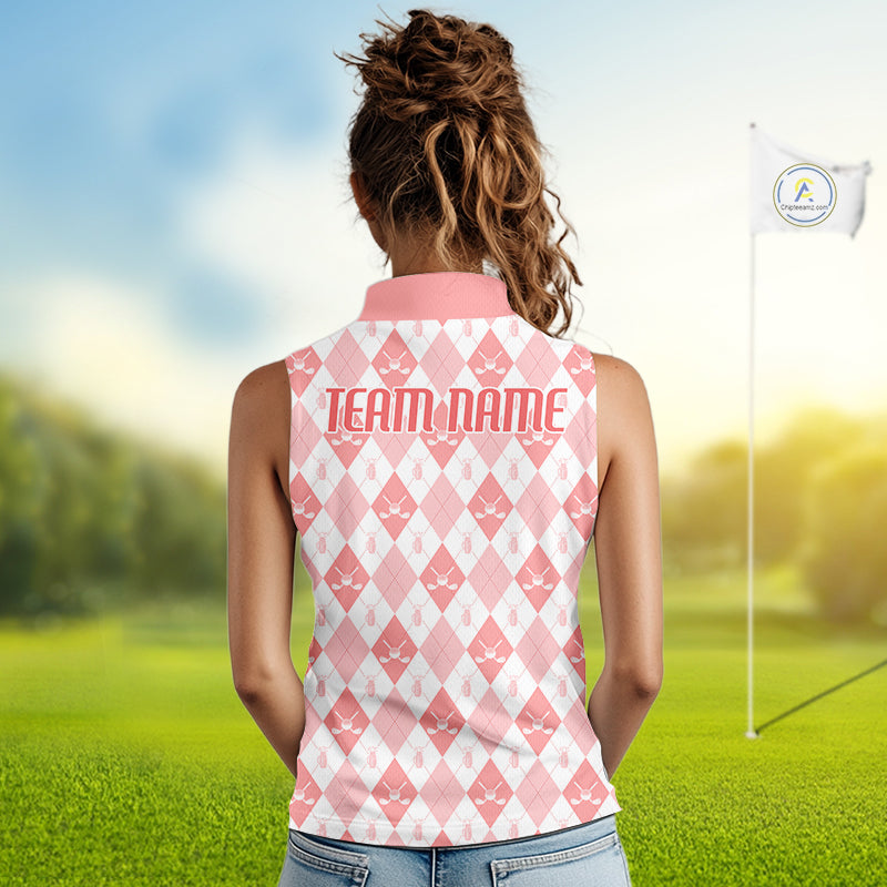 Womens Golf Sleeveless Polo Shirt Custom White And Orange Argyle Plaid Pattern Golf Team Attire Golf Gifts NYN4296