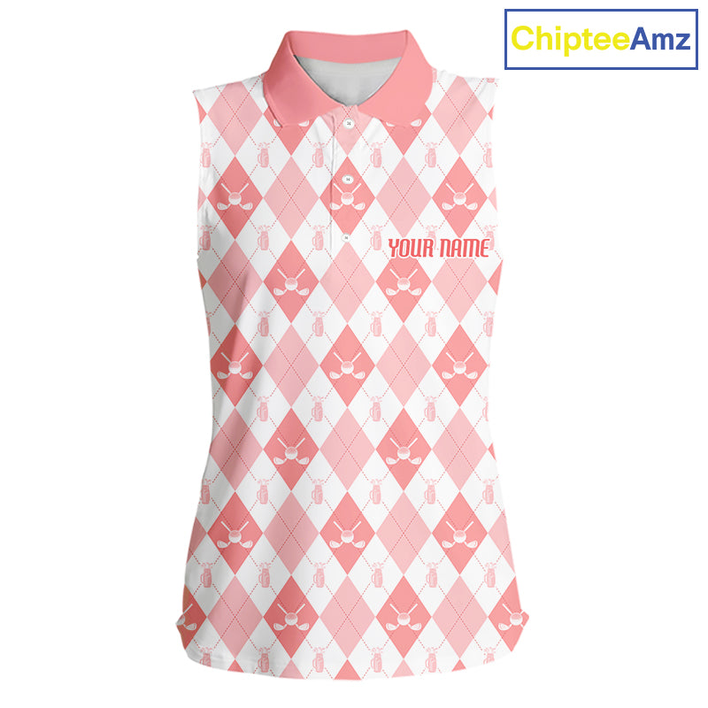 Womens Golf Sleeveless Polo Shirt Custom White And Orange Argyle Plaid Pattern Golf Team Attire Golf Gifts NYN4296