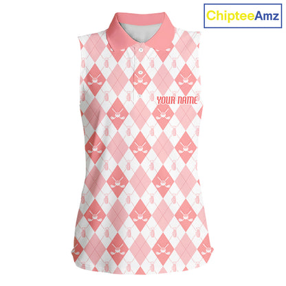 Womens Golf Sleeveless Polo Shirt Custom White And Orange Argyle Plaid Pattern Golf Team Attire Golf Gifts NYN4296