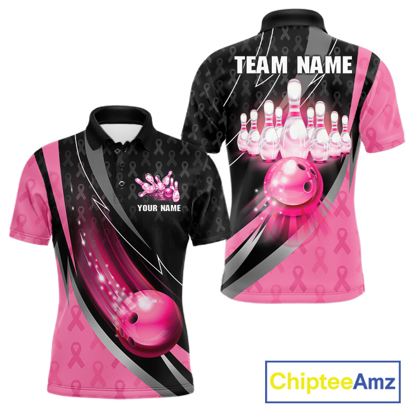 Pink Ribbon Bowling Camo Polo 1/4 Zip Shirt For Men Custom Breast Cancer Team Bowling Jerseys NYN4300