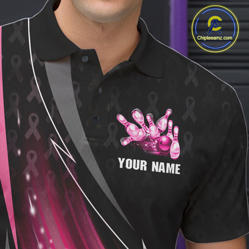 Pink Ribbon Bowling Camo Polo 1/4 Zip Shirt For Men Custom Breast Cancer Team Bowling Jerseys NYN4300