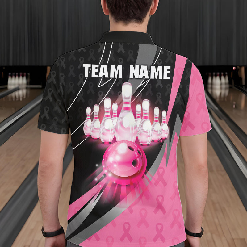Pink Ribbon Bowling Camo Polo 1/4 Zip Shirt For Men Custom Breast Cancer Team Bowling Jerseys NYN4300
