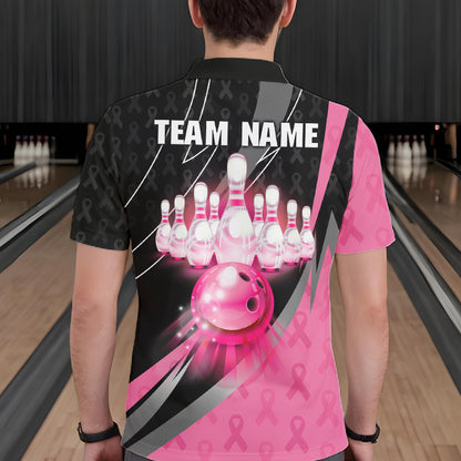 Pink Ribbon Bowling Camo Polo 1/4 Zip Shirt For Men Custom Breast Cancer Team Bowling Jerseys NYN4300
