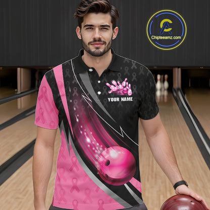 Pink Ribbon Bowling Camo Polo 1/4 Zip Shirt For Men Custom Breast Cancer Team Bowling Jerseys NYN4300