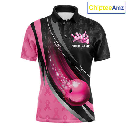 Pink Ribbon Bowling Camo Polo 1/4 Zip Shirt For Men Custom Breast Cancer Team Bowling Jerseys NYN4300