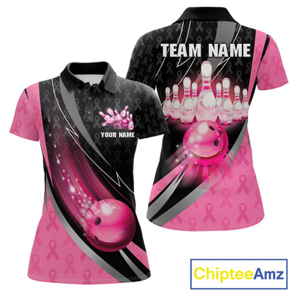 Pink Ribbon Bowling Camo Polo 1/4 Zip Shirt For Women Custom Breast Cancer Team Bowling Jerseys NYN4300