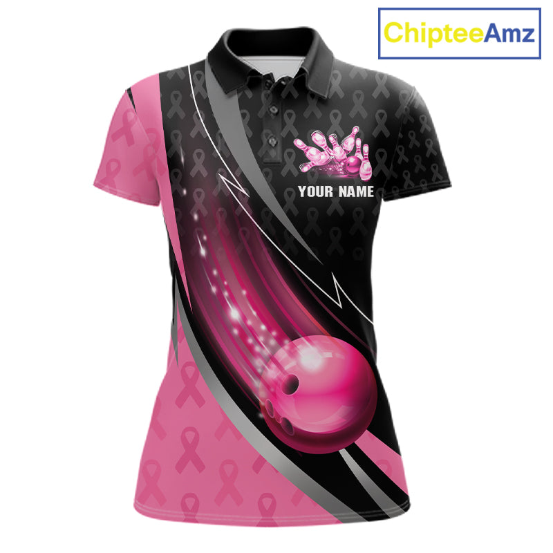Pink Ribbon Bowling Camo Polo 1/4 Zip Shirt For Women Custom Breast Cancer Team Bowling Jerseys NYN4300