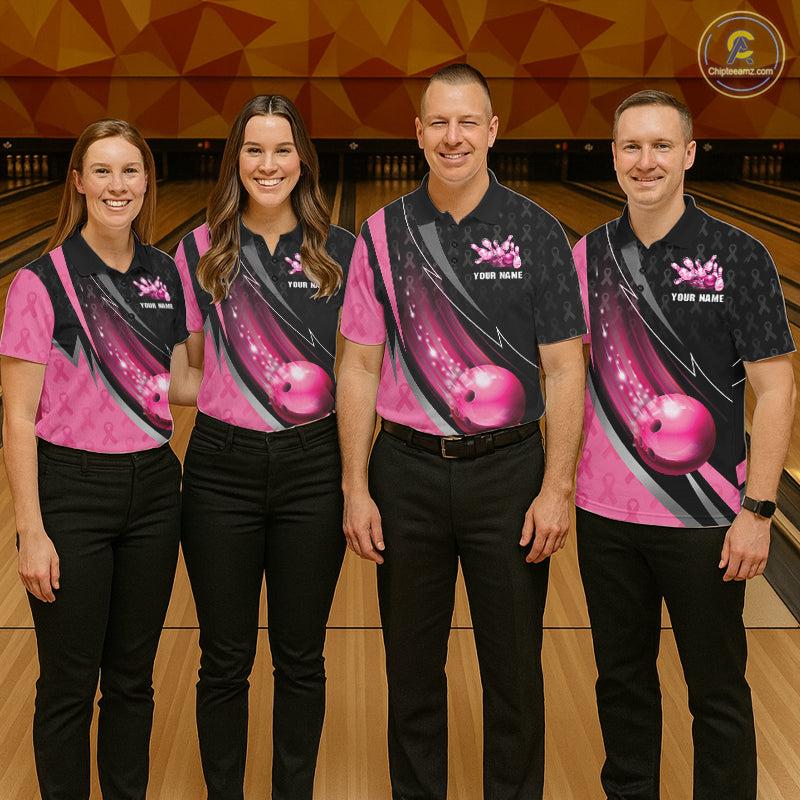 Pink Ribbon Bowling Camo Polo 1/4 Zip Shirt For Men Custom Breast Cancer Team Bowling Jerseys NYN4300