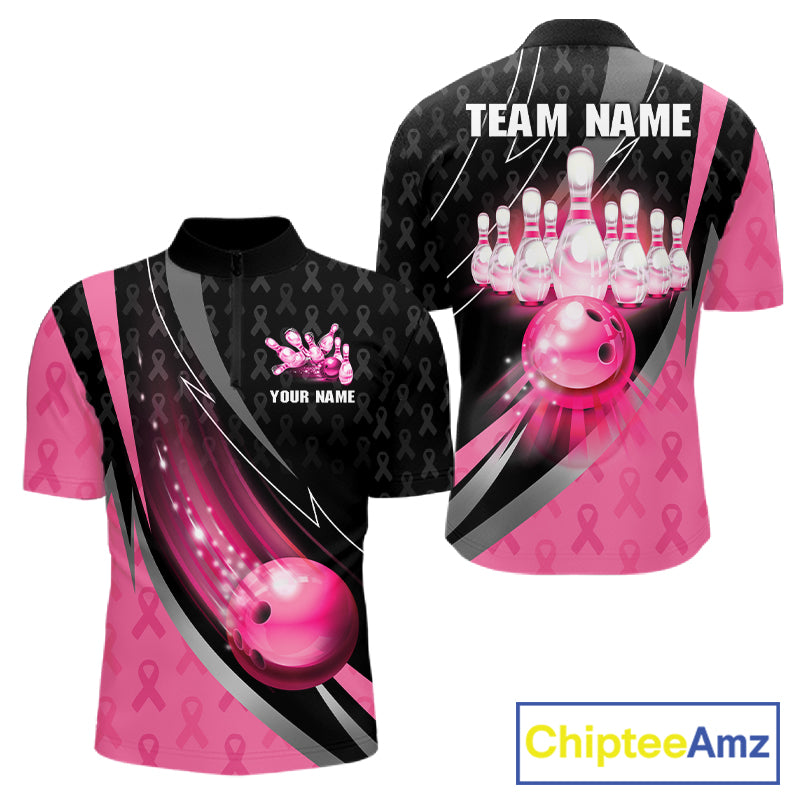 Pink Ribbon Bowling Camo Polo 1/4 Zip Shirt For Men Custom Breast Cancer Team Bowling Jerseys NYN4300