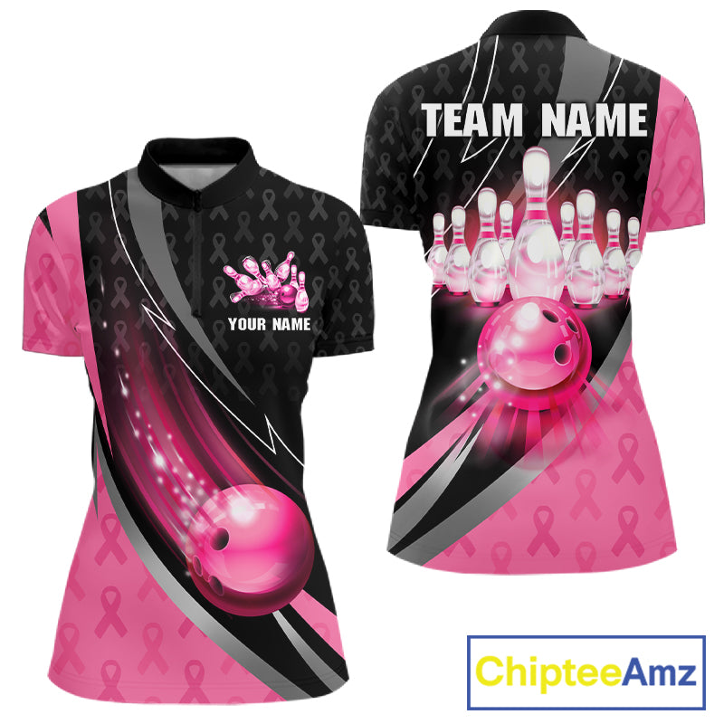 Pink Ribbon Bowling Camo Polo 1/4 Zip Shirt For Women Custom Breast Cancer Team Bowling Jerseys NYN4300