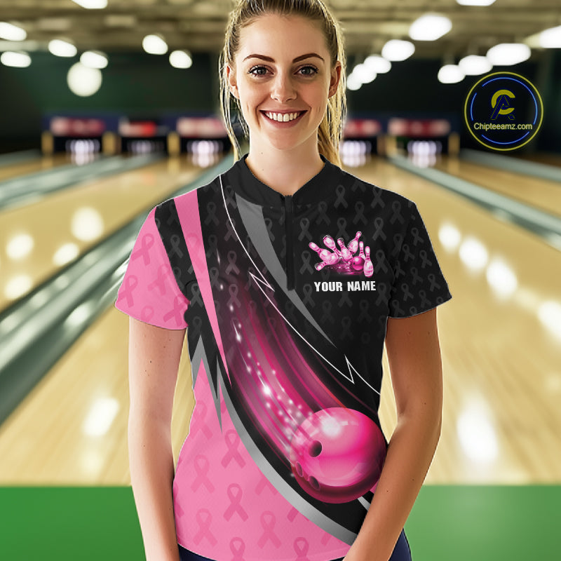 Pink Ribbon Bowling Camo Polo 1/4 Zip Shirt For Women Custom Breast Cancer Team Bowling Jerseys NYN4300
