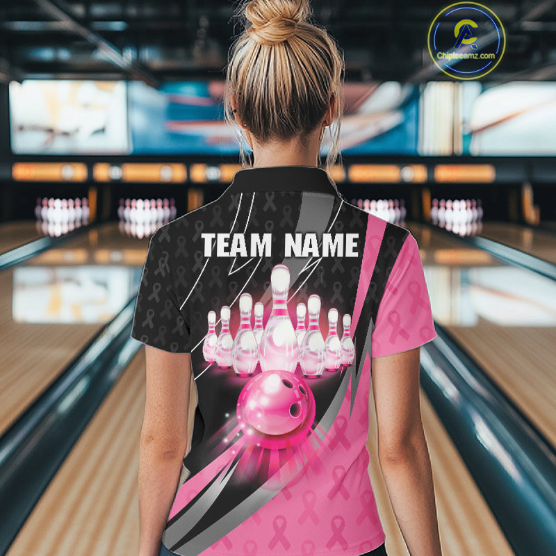 Pink Ribbon Bowling Camo Polo 1/4 Zip Shirt For Women Custom Breast Cancer Team Bowling Jerseys NYN4300