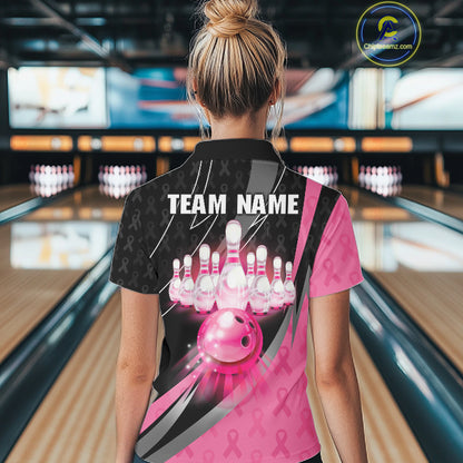 Pink Ribbon Bowling Camo Polo 1/4 Zip Shirt For Women Custom Breast Cancer Team Bowling Jerseys NYN4300