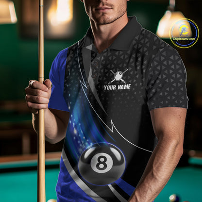 Blue & Black Geometric Pool Billiard Shirt For Men Custom Lightning 8 Ball Team Billiard Jersey NYN4302