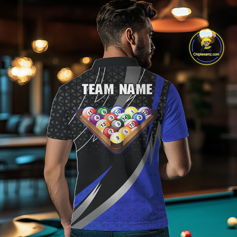 Blue & Black Geometric Pool Billiard Shirt For Men Custom Lightning 8 Ball Team Billiard Jersey NYN4302