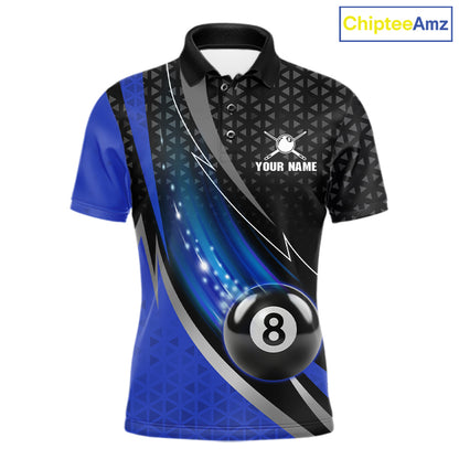 Blue & Black Geometric Pool Billiard Shirt For Men Custom Lightning 8 Ball Team Billiard Jersey NYN4302