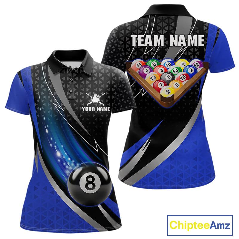 Blue & Black Geometric Pool Billiard Shirt For Women Custom Lightning 8 Ball Team Billiard Jersey NYN4302