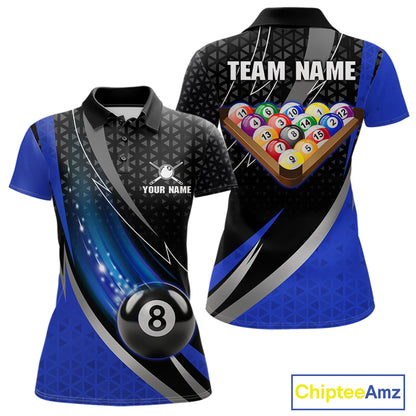 Blue & Black Geometric Pool Billiard Shirt For Women Custom Lightning 8 Ball Team Billiard Jersey NYN4302